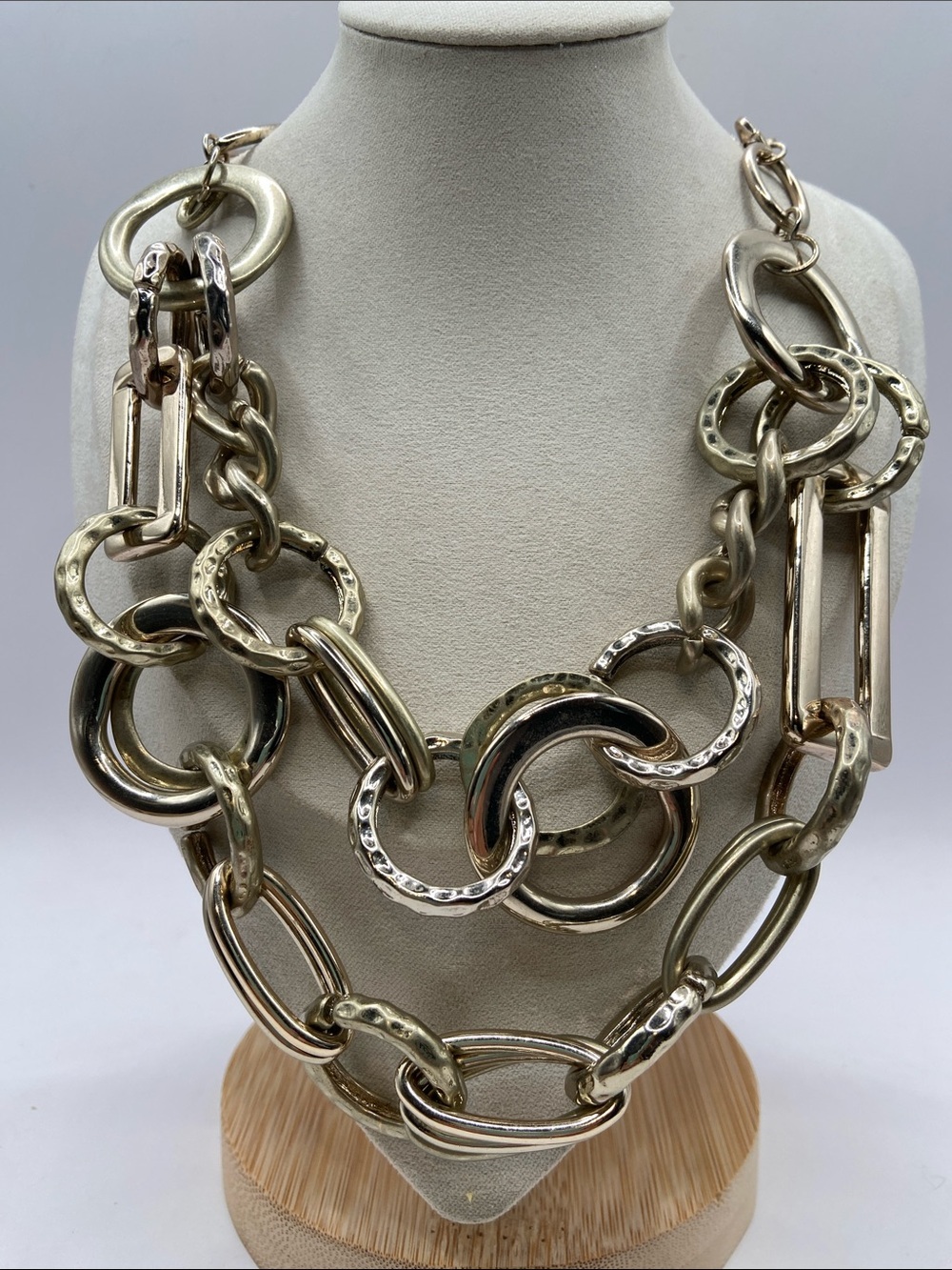 Susan Graver Double Strand Chunky Geometric Link Gold Tone Necklace 20”L